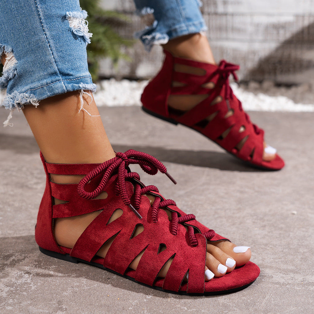 Women's Retro Cut-out Round-Toe Lace-up Flat Sandals
