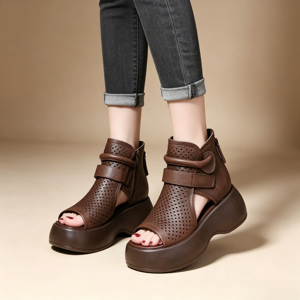 Women's Cut-Out Leather Platform Gladiator Sandals