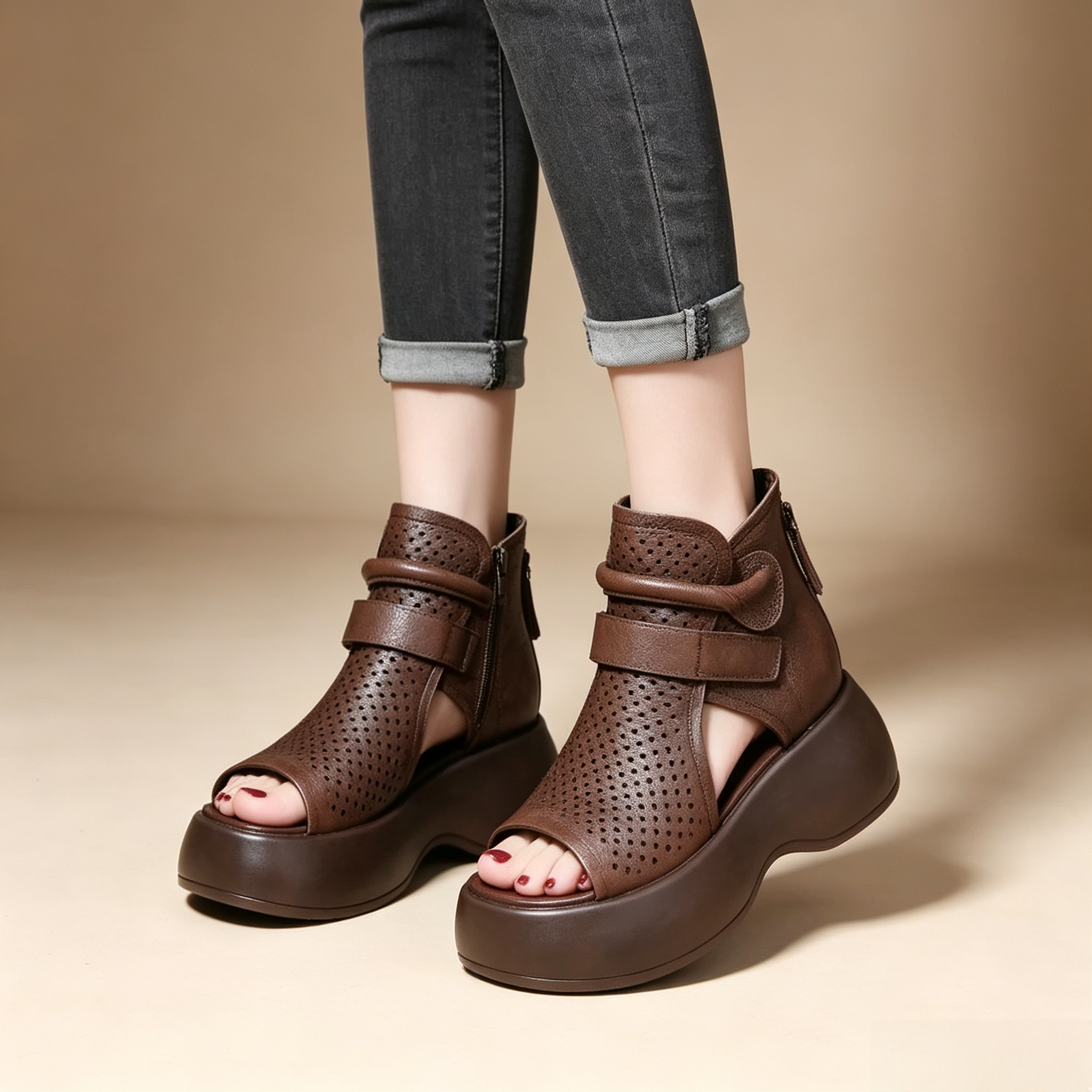 Women's Cut-Out Leather Platform Gladiator Sandals