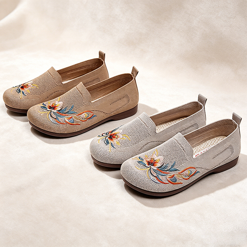 Breathable Mesh Embroidered Flower Slip On Loafers Ladies Comfort Walking Flat Shoes