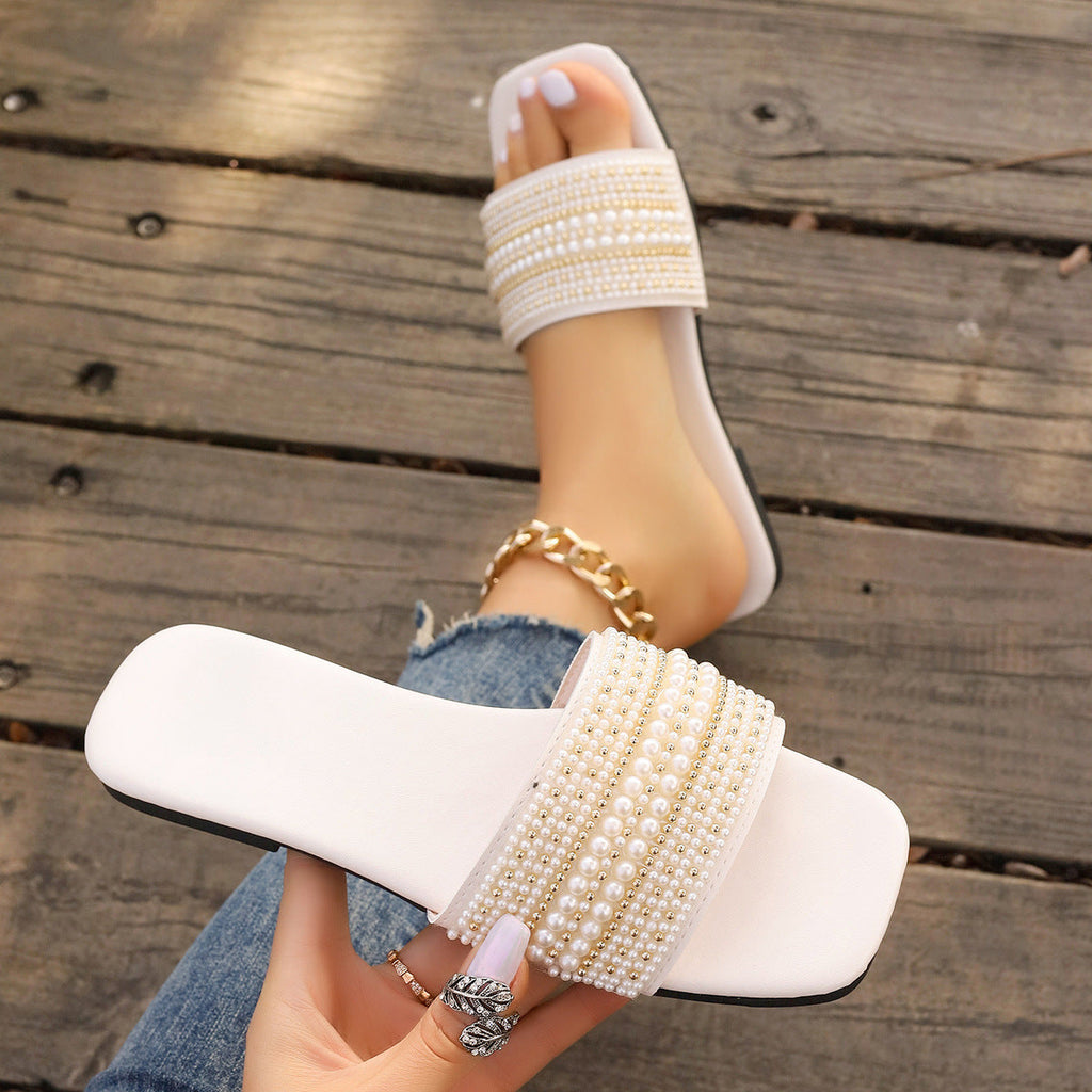 Pearl Rhinestone Embellished Square Toe Slide Sandals – Flat Comfort Mules