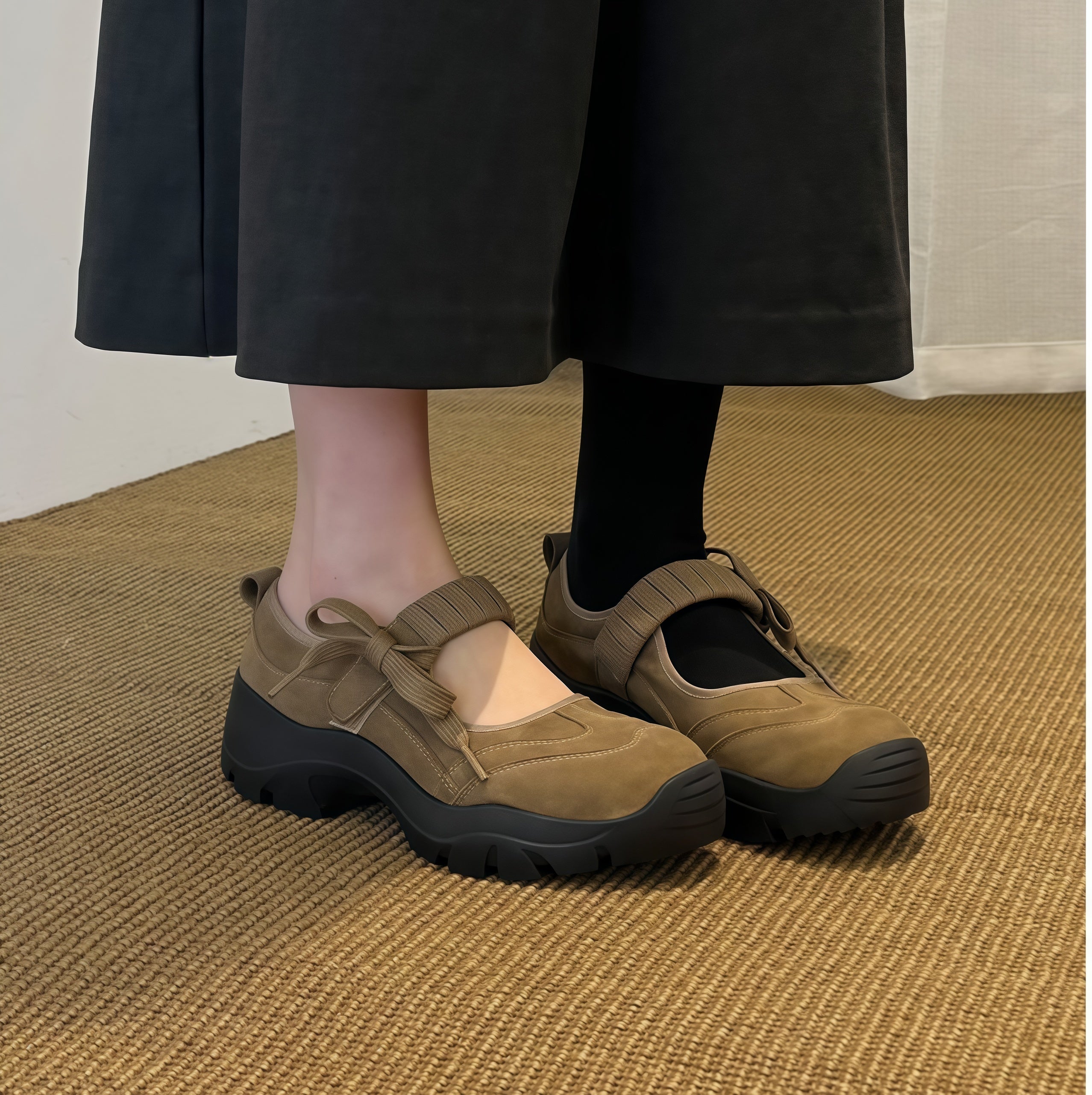 Women's Suede Chunky Platform Mary Jane Shoes with Bow Strap