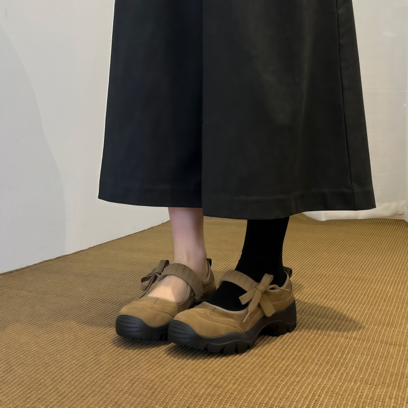 Women's Suede Chunky Platform Mary Jane Shoes with Bow Strap