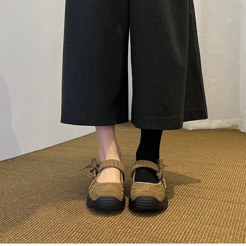 Women's Suede Chunky Platform Mary Jane Shoes with Bow Strap