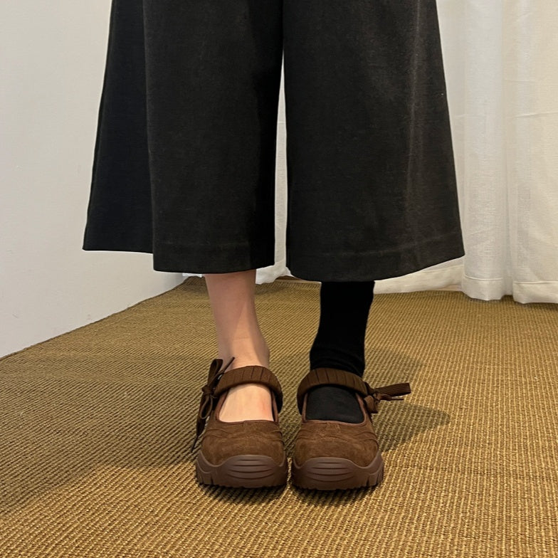 Women's Suede Chunky Platform Mary Jane Shoes with Bow Strap