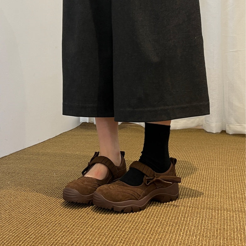 Women's Suede Chunky Platform Mary Jane Shoes with Bow Strap