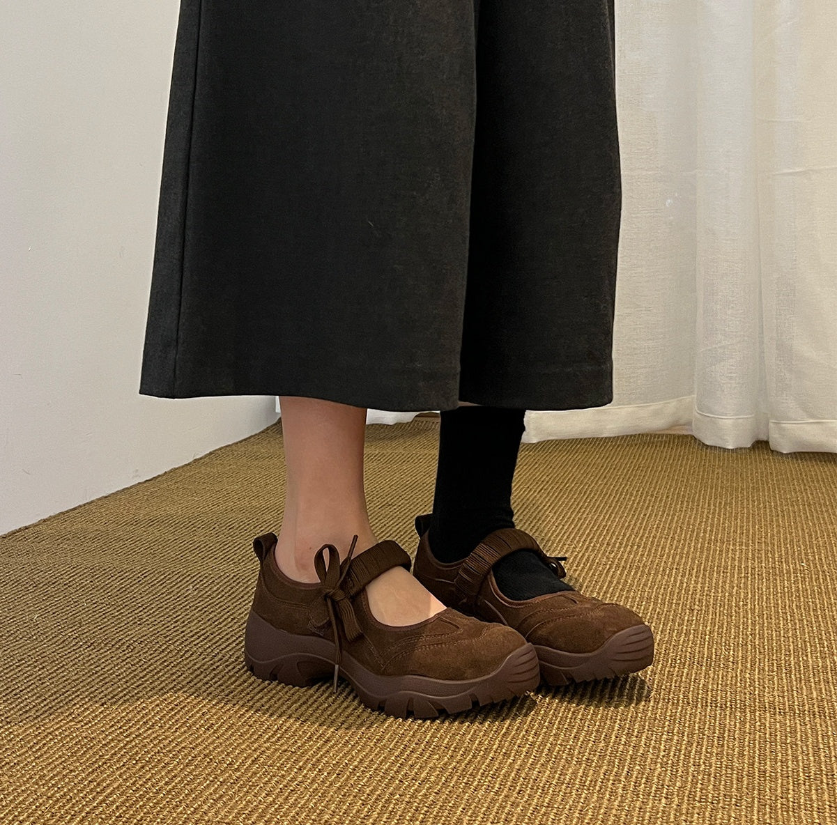 Women's Suede Chunky Platform Mary Jane Shoes with Bow Strap