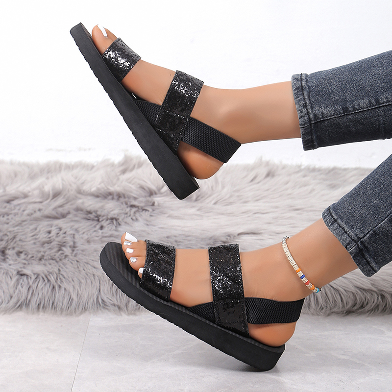 Women's double-strap flat-soled sandals with elastic back straps