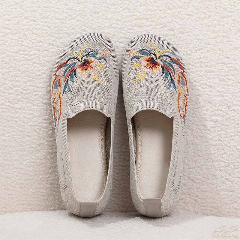 Breathable Mesh Embroidered Flower Slip On Loafers Ladies Comfort Walking Flat Shoes