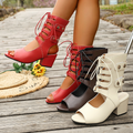Women's Open-Toe Lace-Up Cutout Block-Heel Sandals with Metal Studs