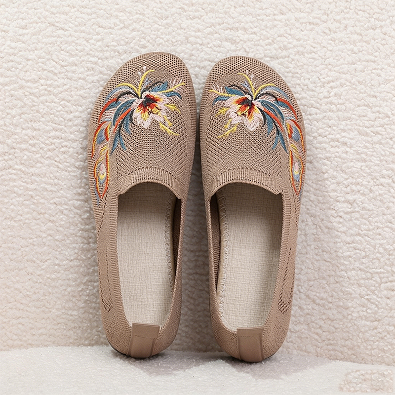 Breathable Mesh Embroidered Flower Slip On Loafers Ladies Comfort Walking Flat Shoes