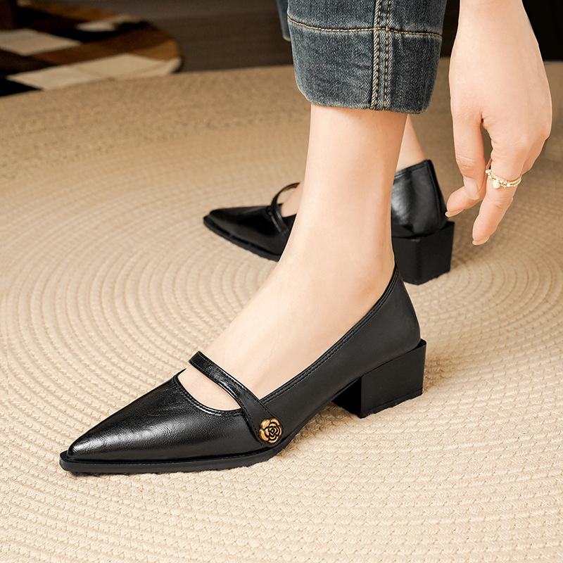 Women's Vintage Pointed-Toe Mary Jane Flats with Single Metal Buckle Strap