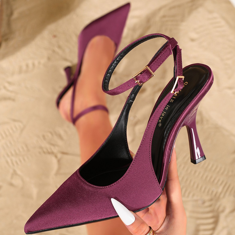 Elegant satin pointed-toe slingback stilettos with double ankle straps