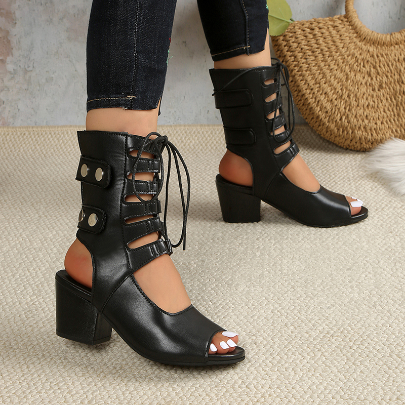 Women's Open-Toe Lace-Up Cutout Block-Heel Sandals with Metal Studs