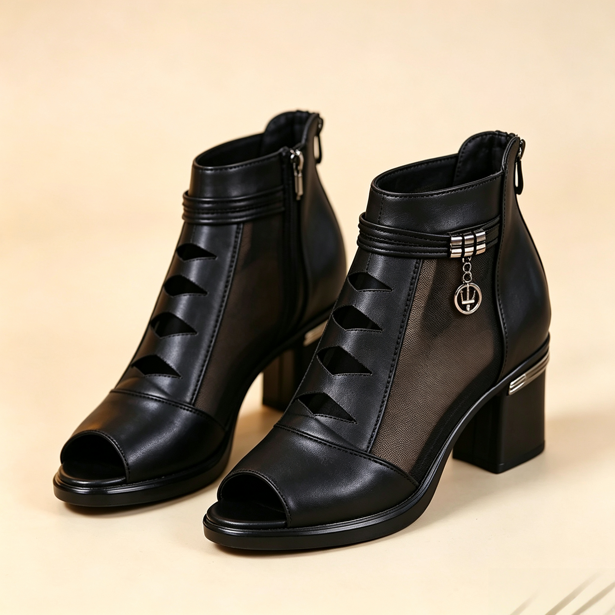 Women's Mesh Cut-Out Open-Toe Ankle Boots with Back Zipper