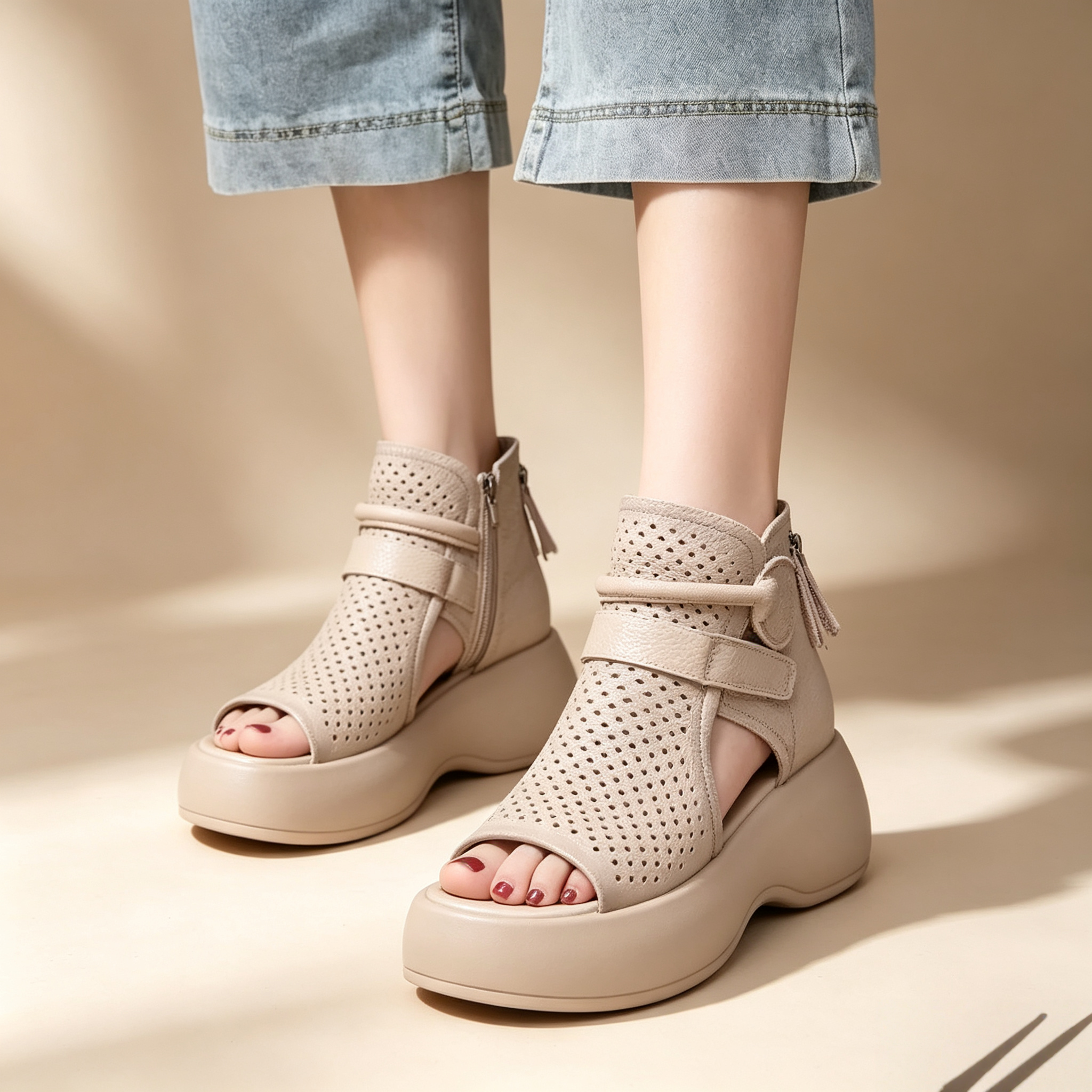 Women's Cut-Out Leather Platform Gladiator Sandals
