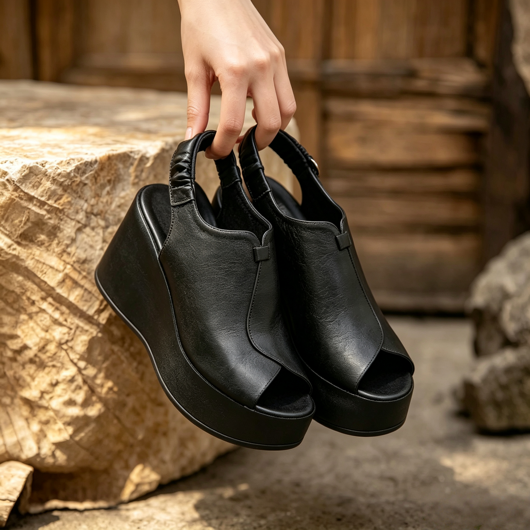 Women's Open-Toe Platform Wedge Sandals with Elastic Back Straps