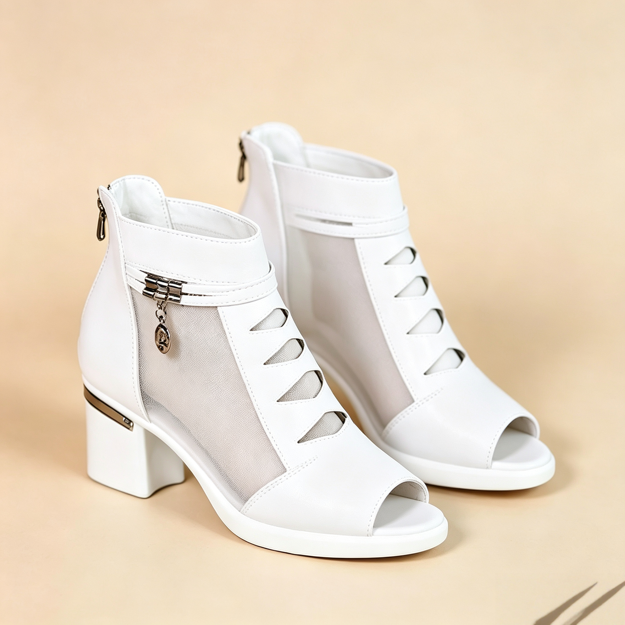 Women's Mesh Cut-Out Open-Toe Ankle Boots with Back Zipper