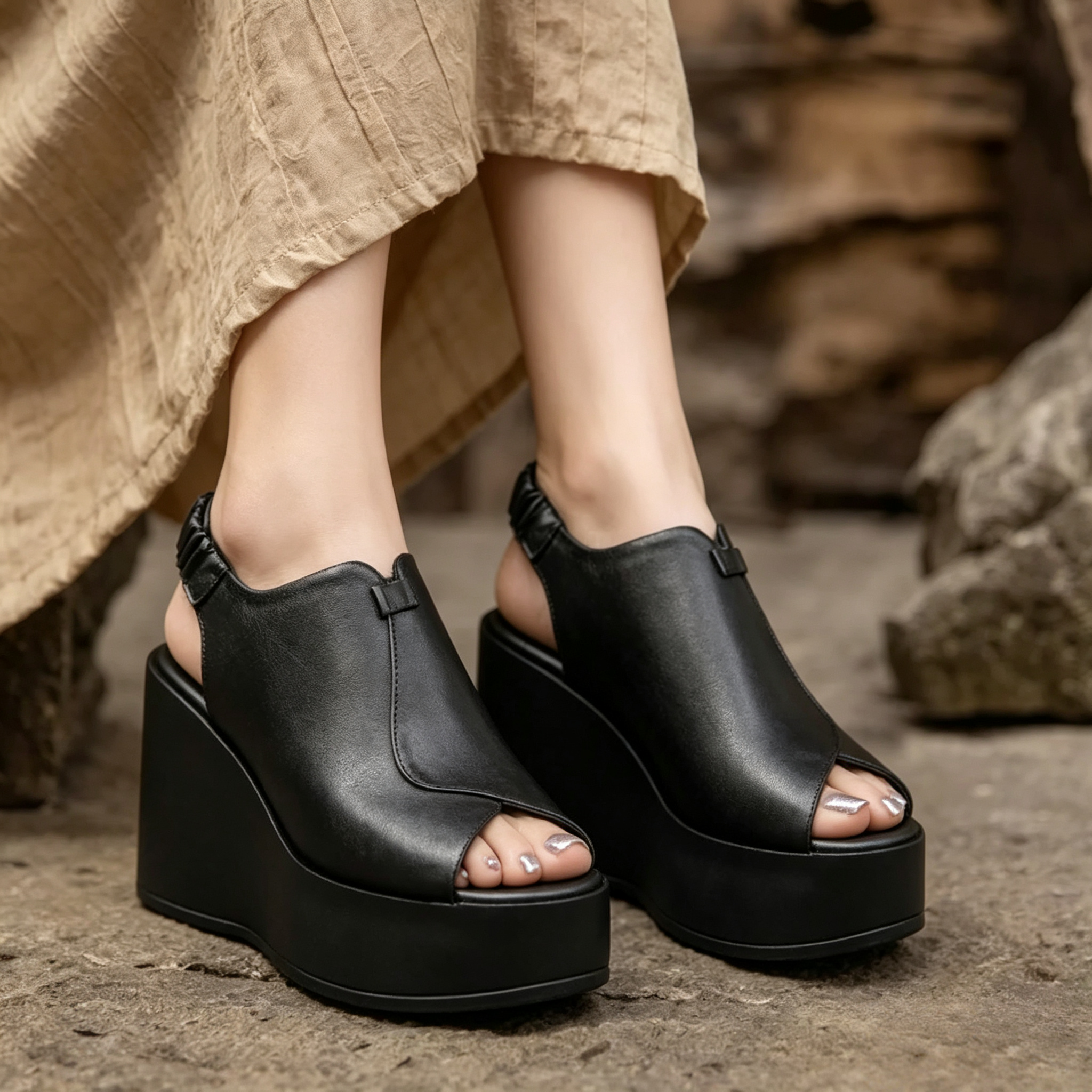 Women's Open-Toe Platform Wedge Sandals with Elastic Back Straps