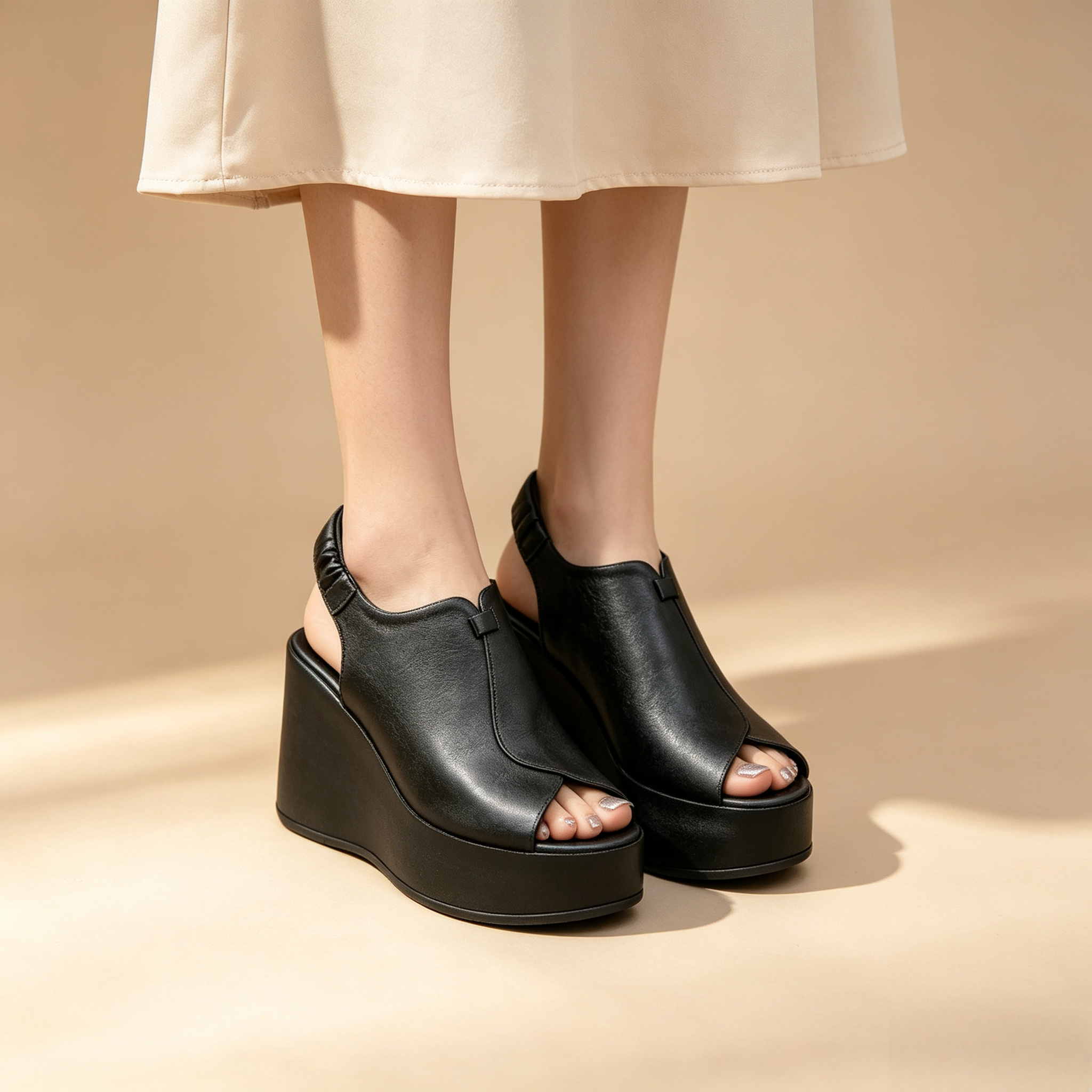 Women's Open-Toe Platform Wedge Sandals with Elastic Back Straps