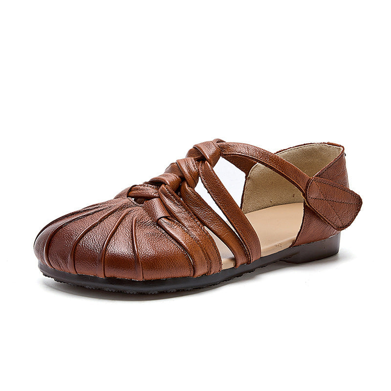 Women's Genuine Cow Leather Woven Strappy Flat Sandals - Pleated Open Toe Comfort Shoes with Ankle Strap