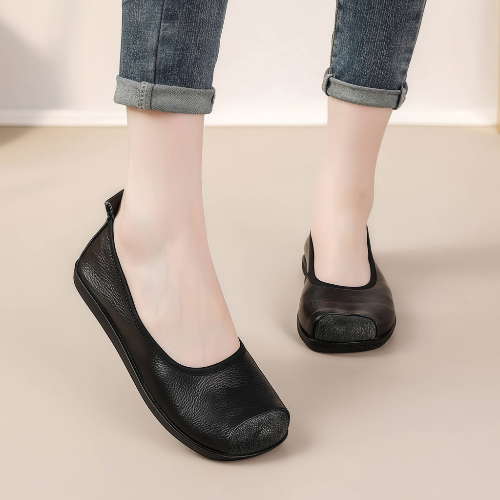 Women's Genuine Cowhide Leather Slip-On Flats - Square Toe Comfort Casual Shoes