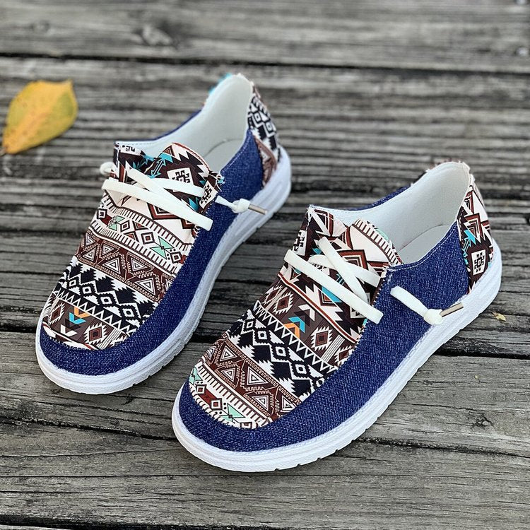 Women's Ethnic Aztec Canvas Sneakers - Tribal Print Casual Slip-On Shoes