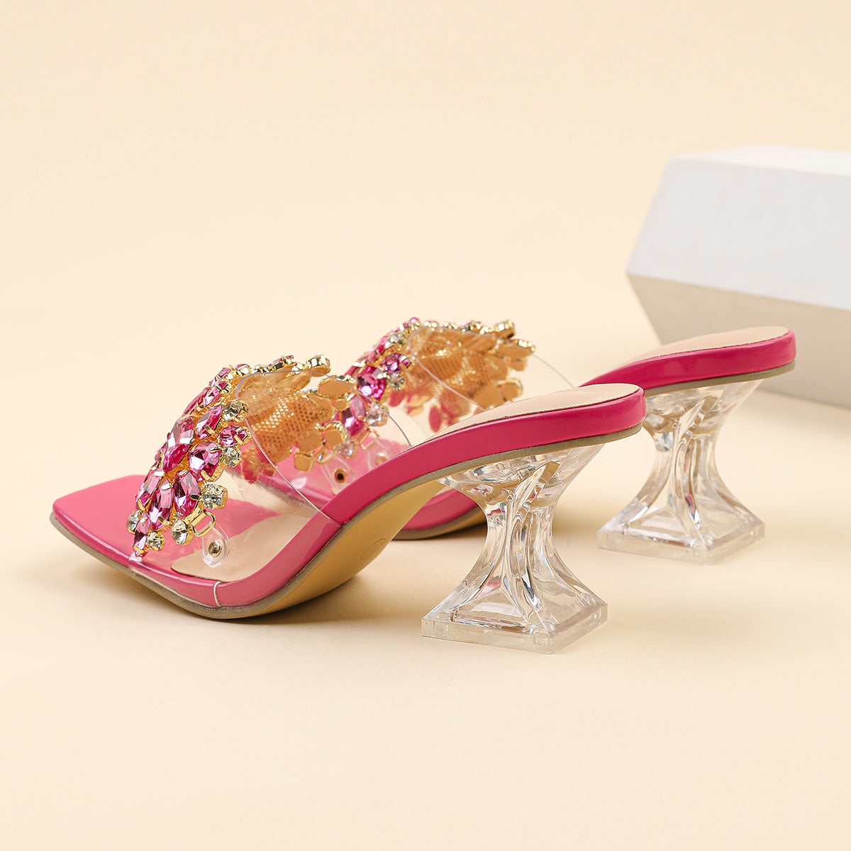 Sparkle Square Toe Clear Heeled Sandals – Rhinestone Embellished Transparent Mules