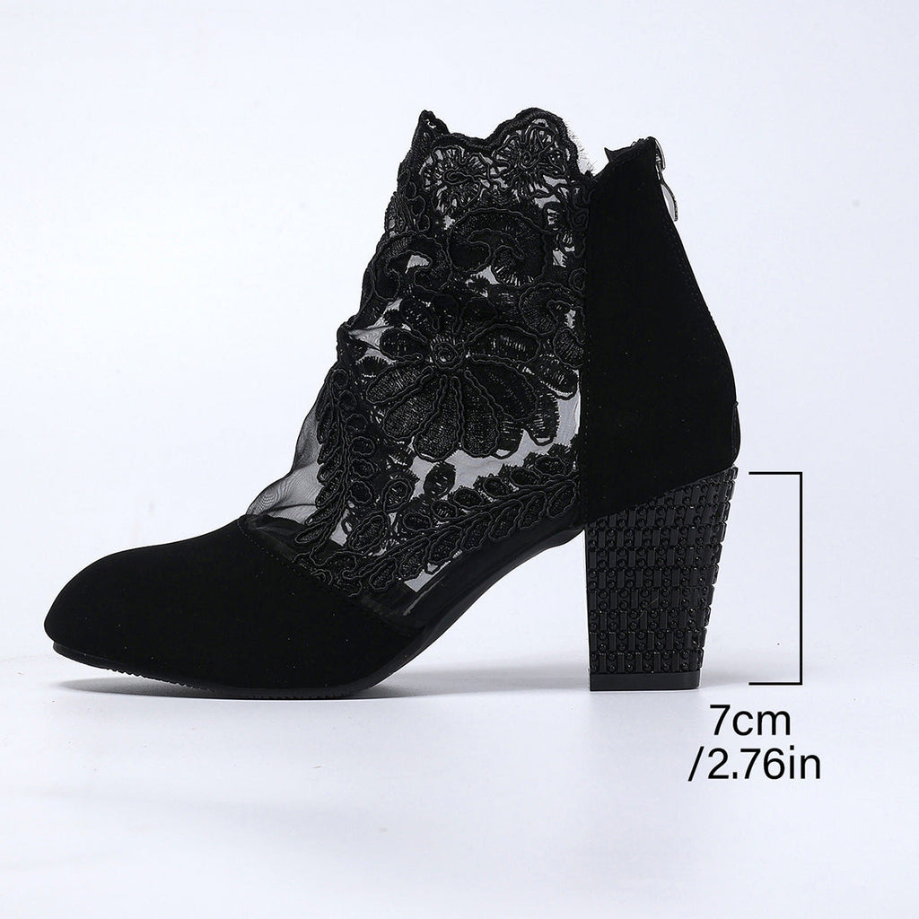 Elegant Lace Suede Ankle Boots – Floral Embroidered Block Heel Booties with Rhinestone Detail