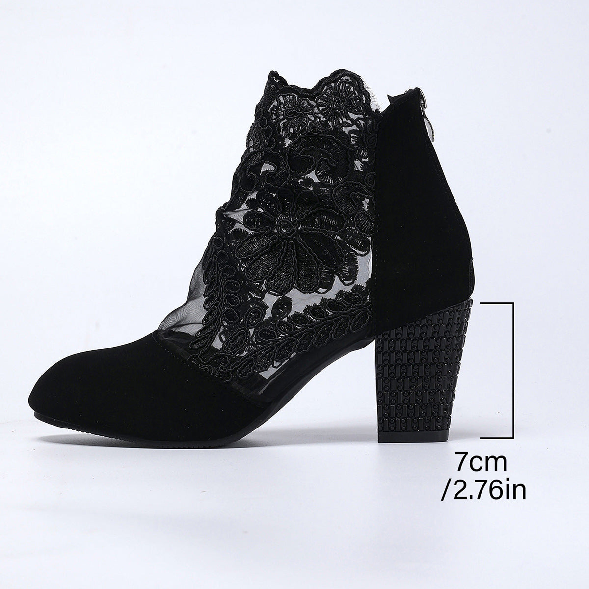 Elegant Lace Suede Ankle Boots – Floral Embroidered Block Heel Booties with Rhinestone Detail