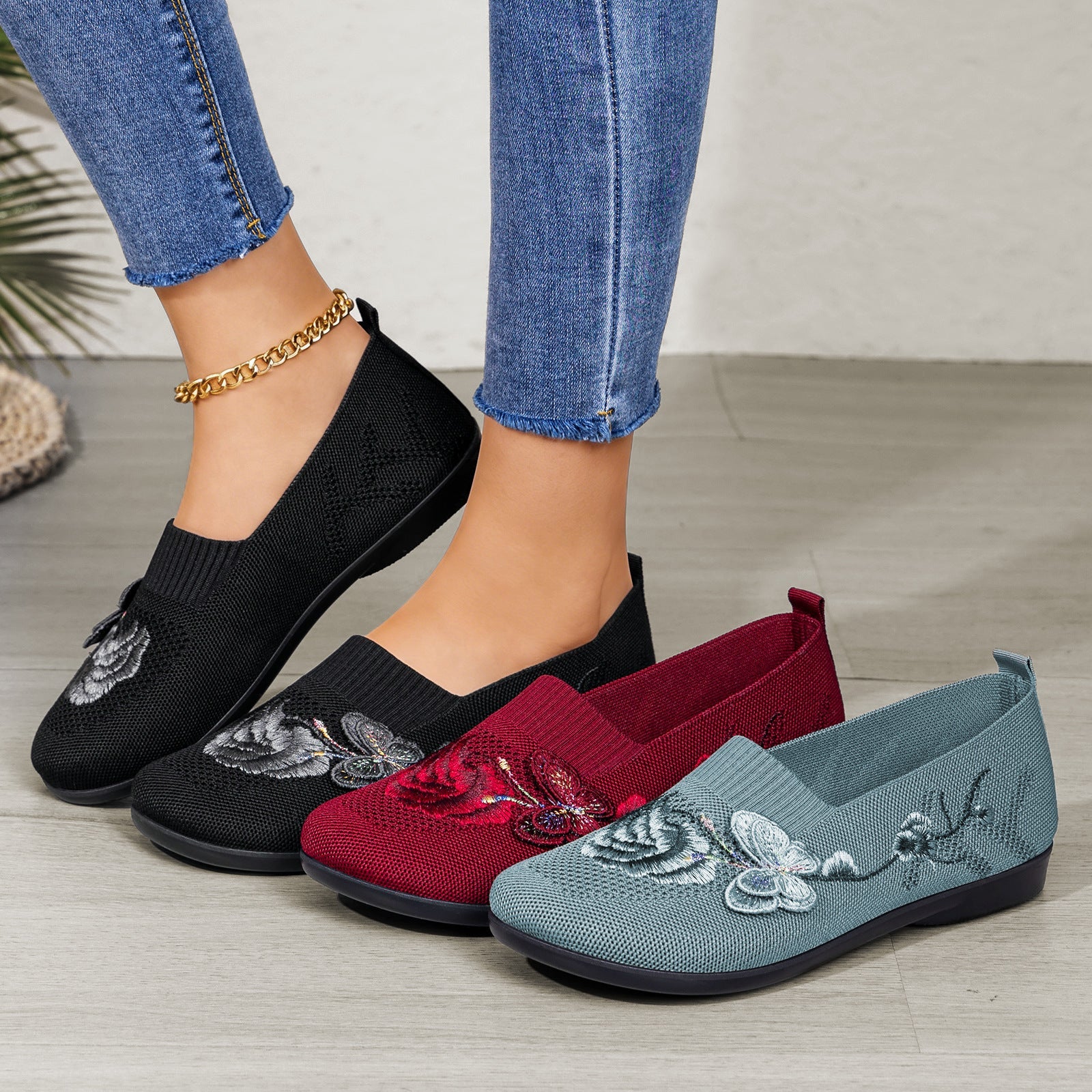 Women's Embroidered Knit Slip-On Shoes – Breathable Butterfly Casual Flats