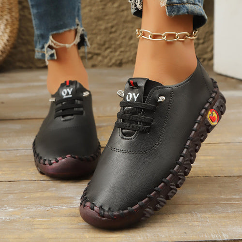 Casual Lace-Up Loafers for Women – Soft Leather Stitched Comfort Shoes with Anti-Slip Sole