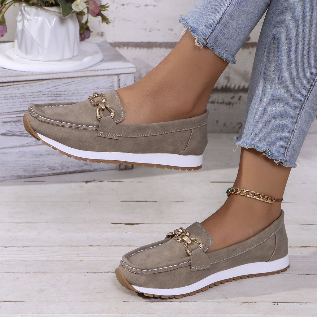 Classic Gold Buckle Loafers – Casual Platform Slip-On Shoes