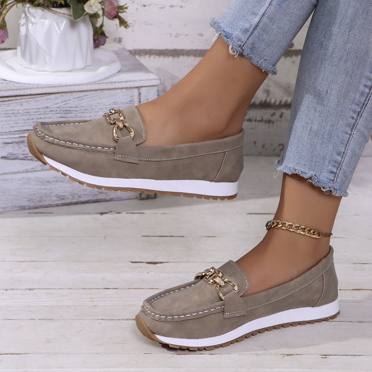 Classic Gold Buckle Loafers – Casual Platform Slip-On Shoes