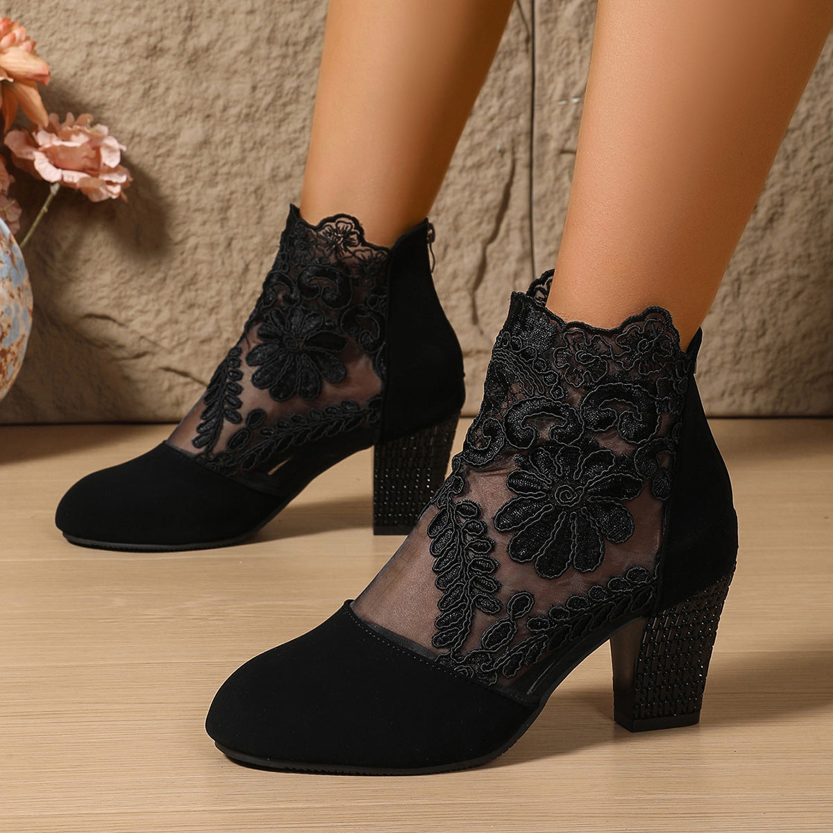 Elegant Lace Suede Ankle Boots – Floral Embroidered Block Heel Booties with Rhinestone Detail
