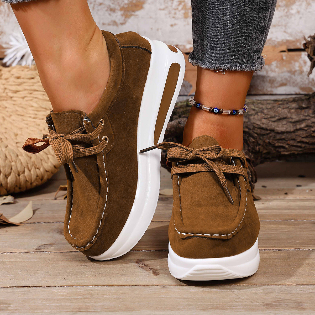 Women's Platform Lace-Up Loafers - Chunky Sole Suede Casual Sneakers