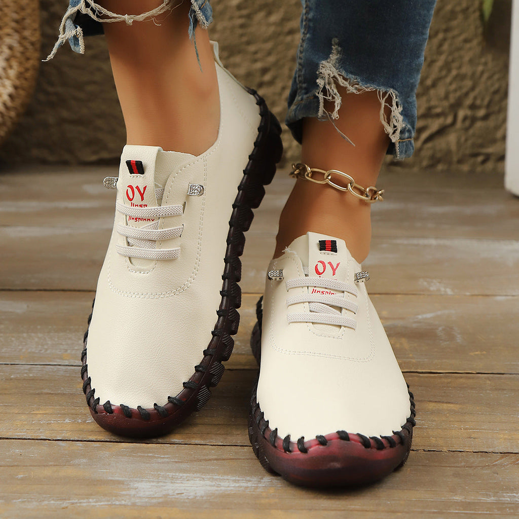 Casual Lace-Up Loafers for Women – Soft Leather Stitched Comfort Shoes with Anti-Slip Sole