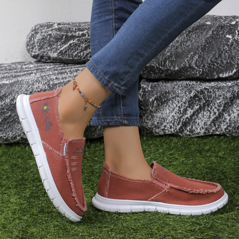 Women's Distressed Canvas Slip-On Loafers - Skateboard Embroidered Casual Shoes
