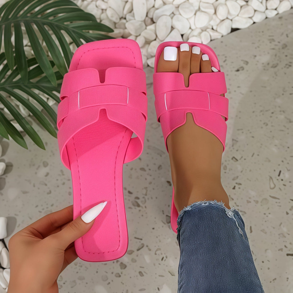 Women's Chunky Slide Sandals - Wide Strap Flat Block Heel Mules