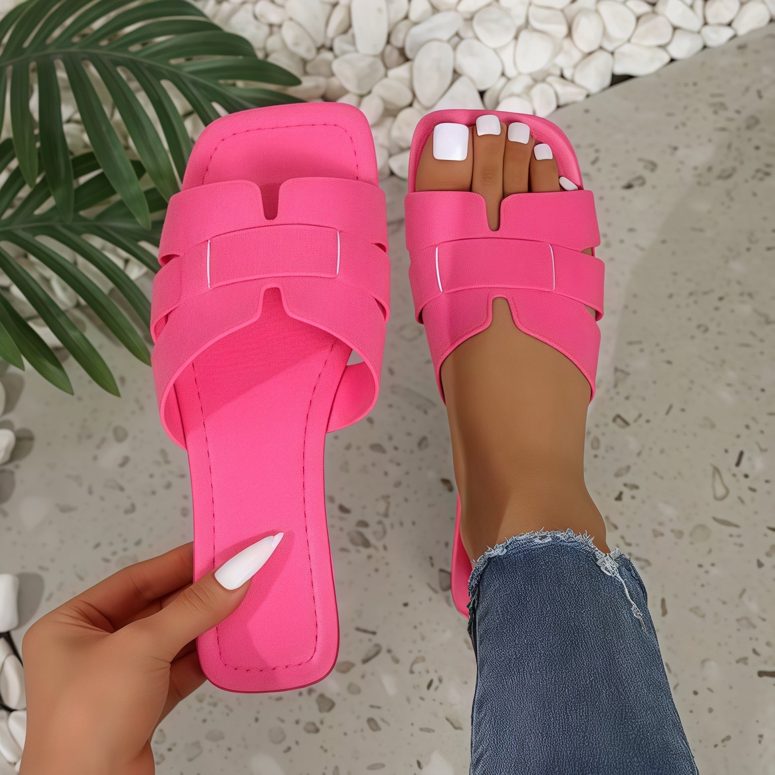 Women's Chunky Slide Sandals - Wide Strap Flat Block Heel Mules