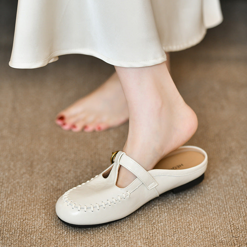 Women's White T-Strap Mule Loafers with Gold Buckle