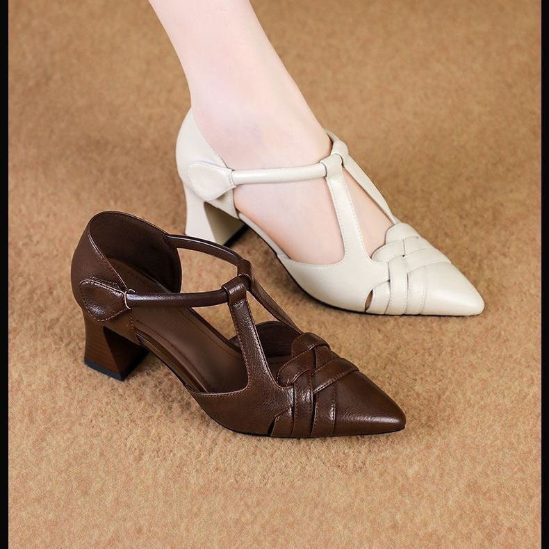 Women's Pointed Toe T-Strap Block Heel Pumps - Braided Dress Shoes