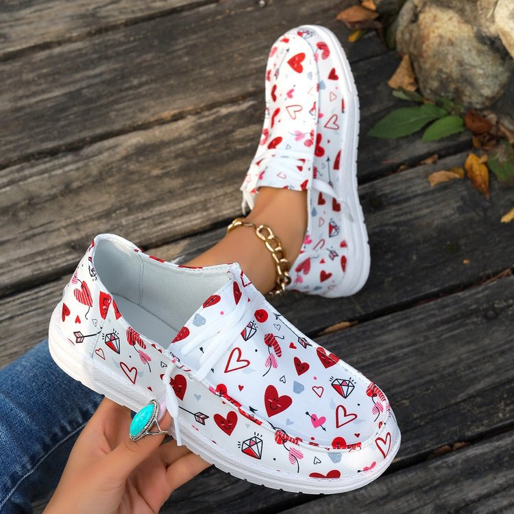 Women's Heart Print Canvas Slip-On Loafers - Casual Comfort Shoes