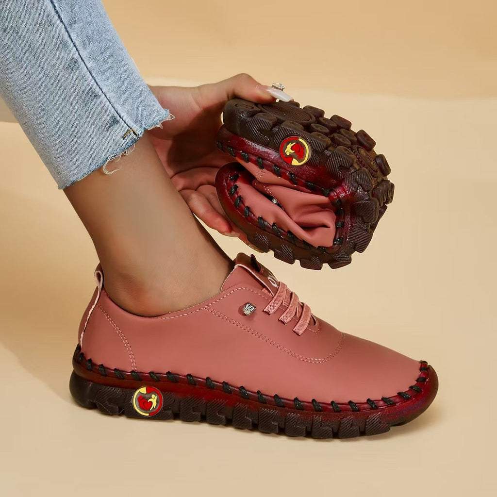 Casual Lace-Up Loafers for Women – Soft Leather Stitched Comfort Shoes with Anti-Slip Sole