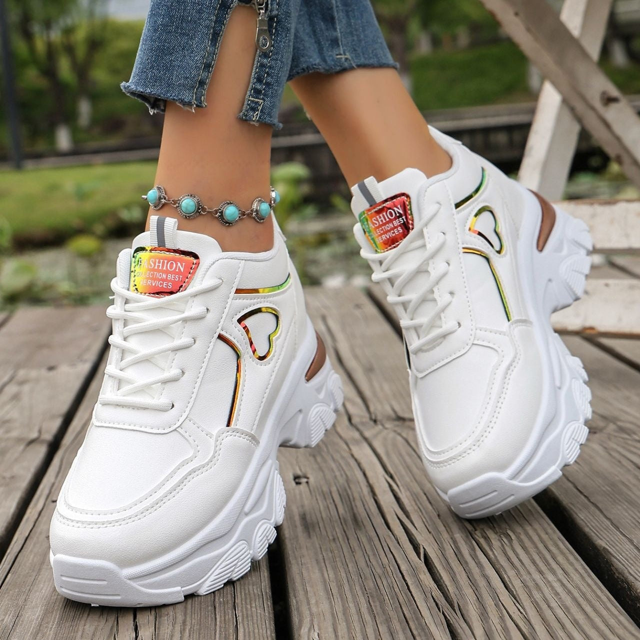 Women's Platform Sneakers Heart Cutout Chunky Dad Shoes