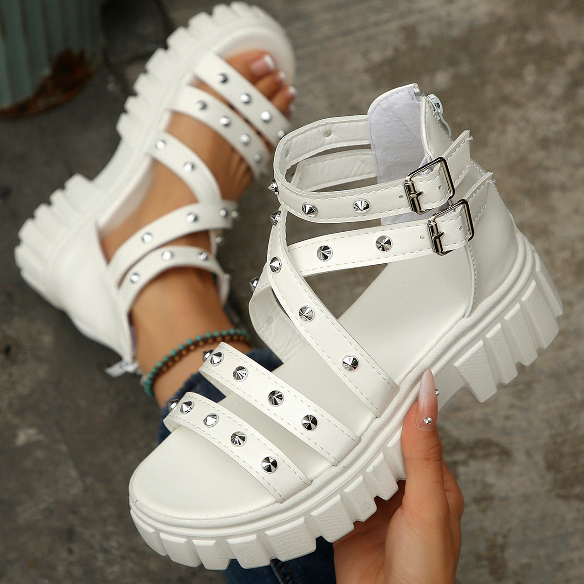Women's Studded Platform Chunky Sandals - Strappy Buckle Gladiator Heels