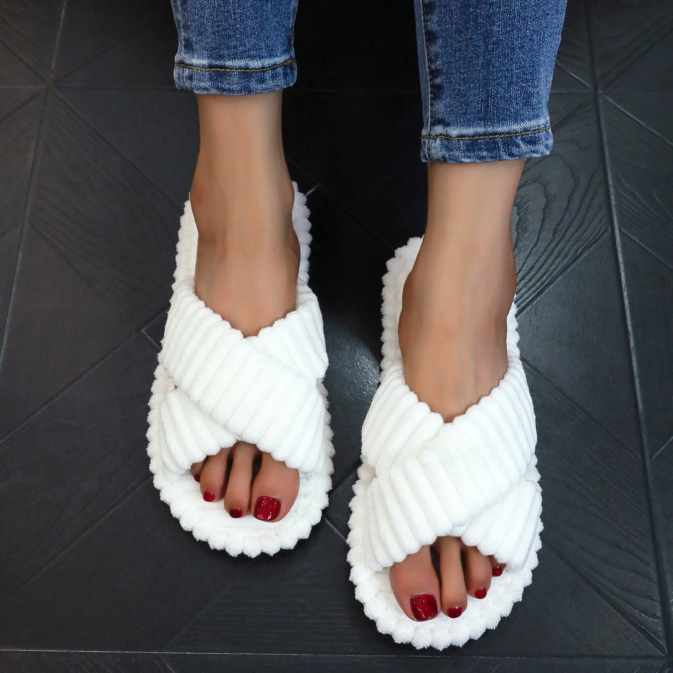 Cozy Corduroy Cross Strap Slides – Plush Platform Slippers