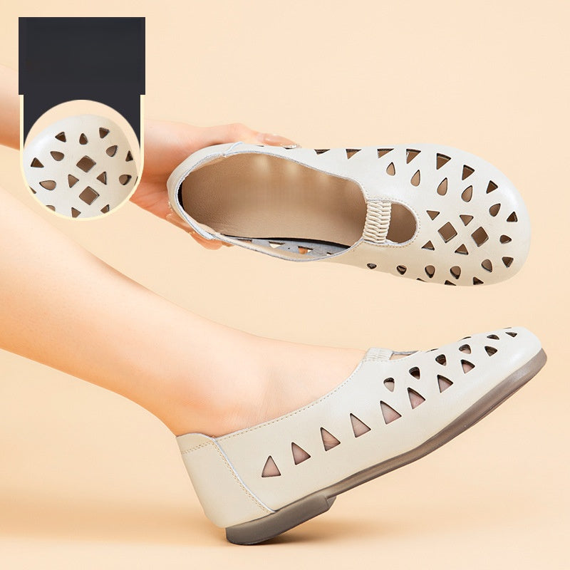 Women's Perforated Leather Slip-On Flats - Breathable Hollow Out Casual Shoes