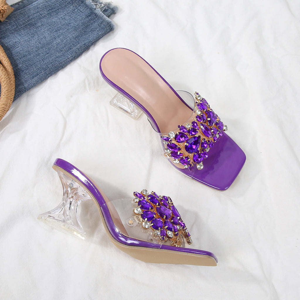 Sparkle Square Toe Clear Heeled Sandals – Rhinestone Embellished Transparent Mules