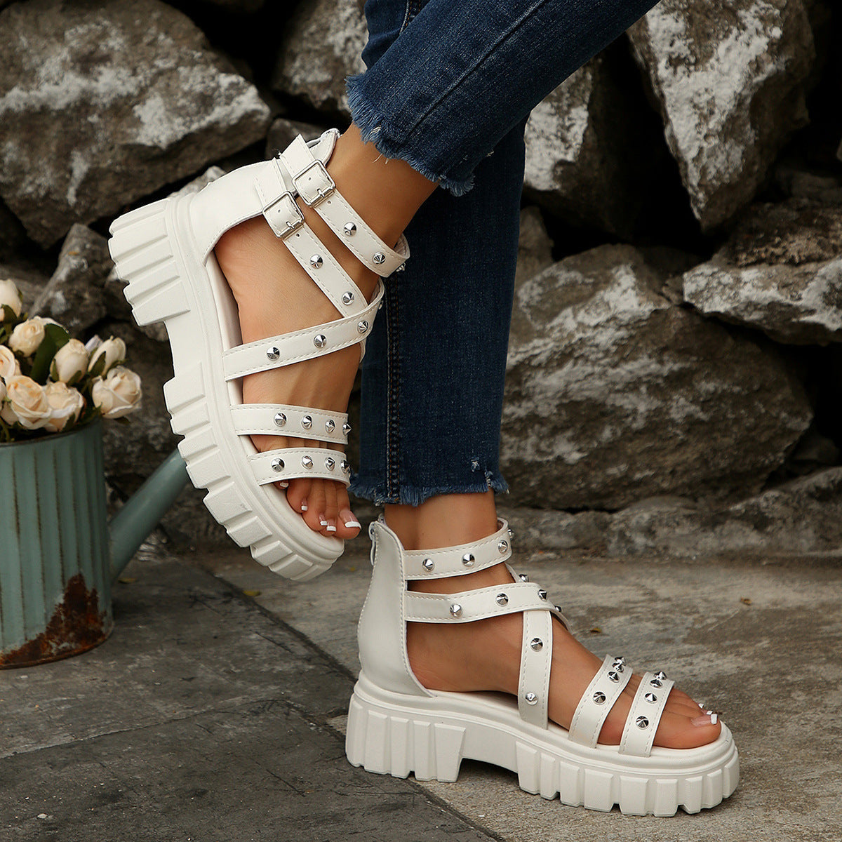 Women's Studded Platform Chunky Sandals - Strappy Buckle Gladiator Heels